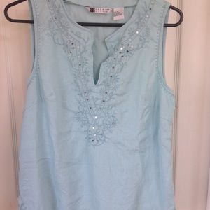 Carole Little linen blue sleeveless shirt size M